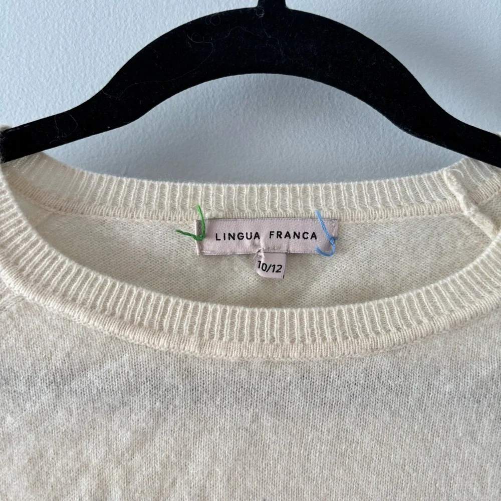 Lingua Franca Peace on Earth Kids Cashmere Crew Sweater Hand Embroidered Ivory
